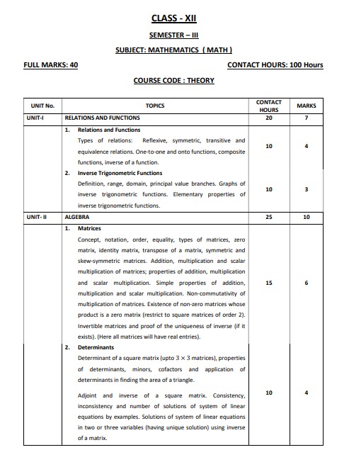 West Bengal Class 12 Maths Syllabus 2024-25: Download PDF