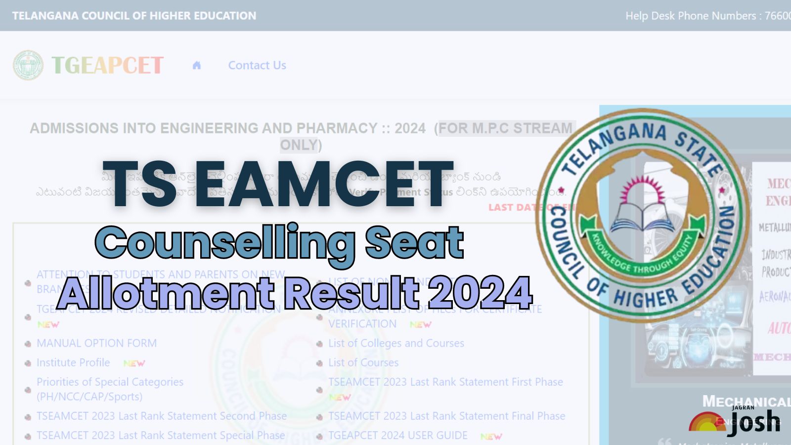 TS EAMCET Counselling Results 2024 TG EAPCET Seat Allotment Result to