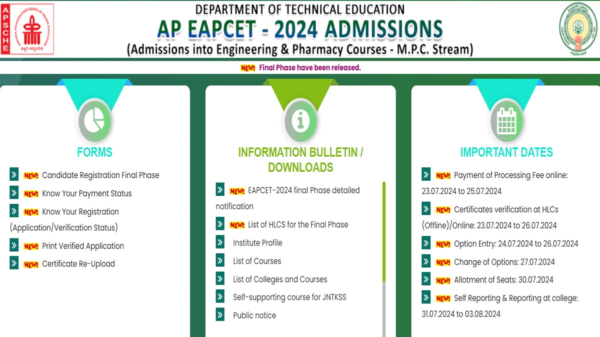 AP EAMCET Counselling 2024 Final Phase registration and choice filling begin