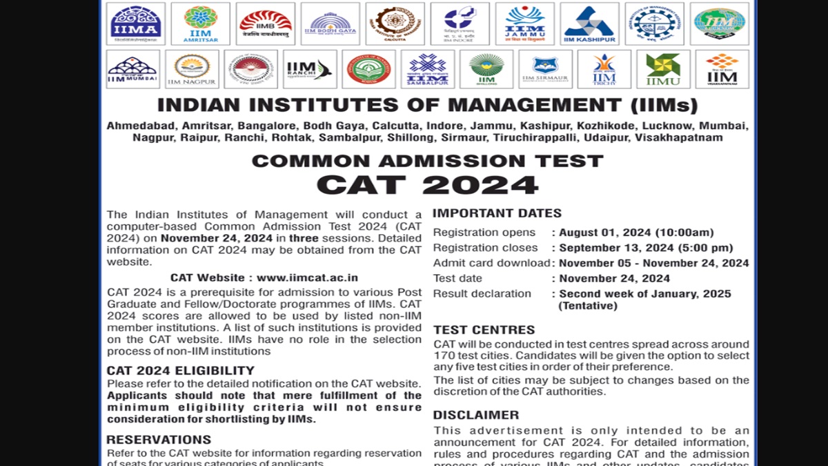 CAT 2024 Schedule Out! Registration From August 1, Exam on November 24