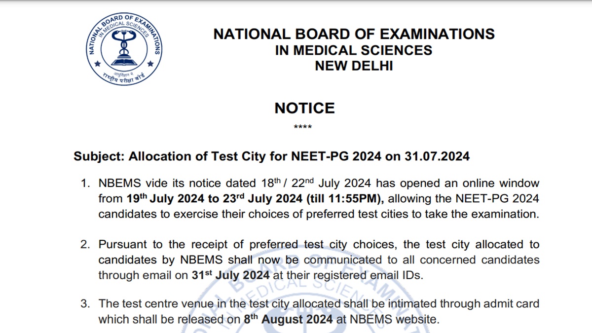 NEET PG 2024 exam city slip on July 31