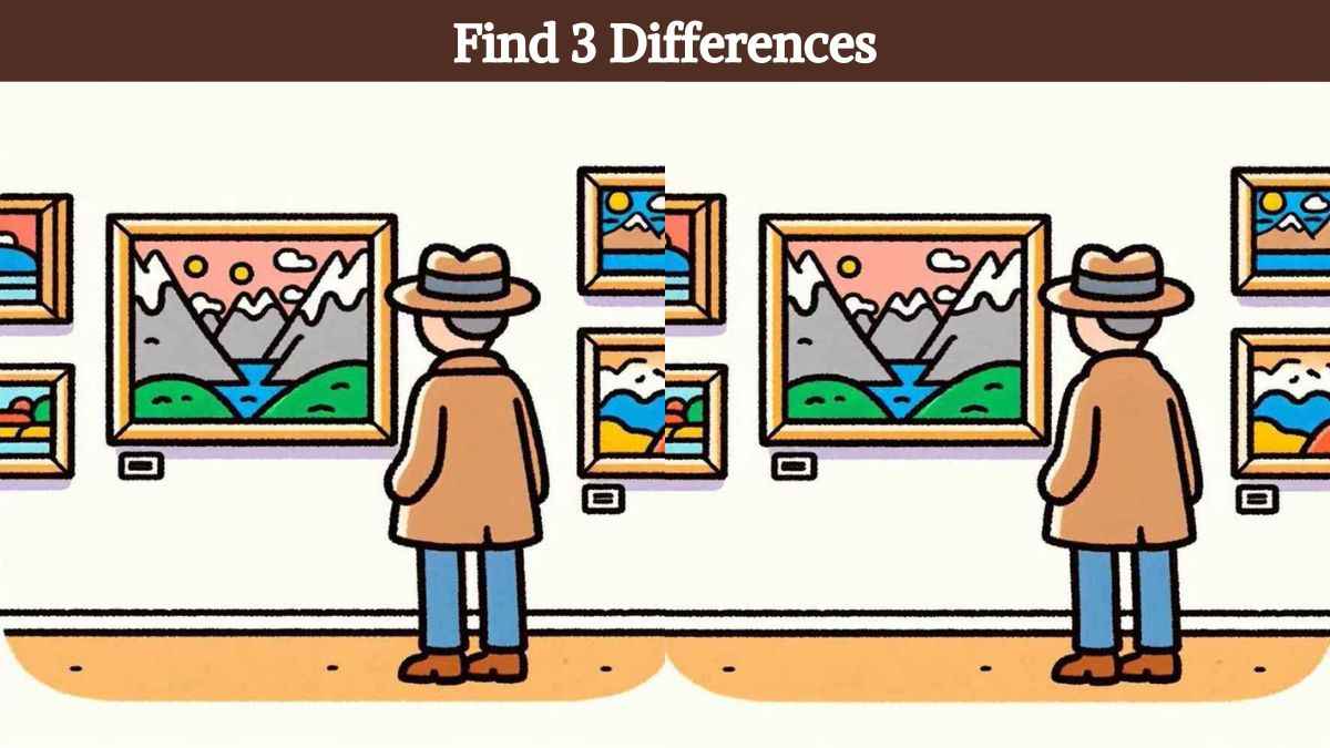 Find 3 differences between the man in the art gallery pictures in 15 seconds!