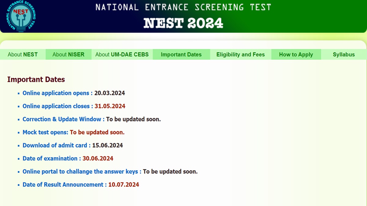 NEST 2024 Exam Date Out; Check Exam Schedule, Application Starts From