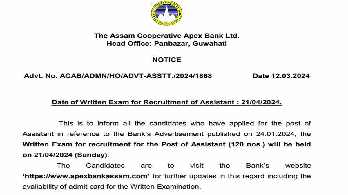 APEX Bank Assistant Exam Date 2024 Out at apexbankassam.com, Download Notice Here