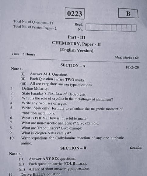 TS Inter 2nd Year Chemistry Question Paper 2024 PDF With Answer Key