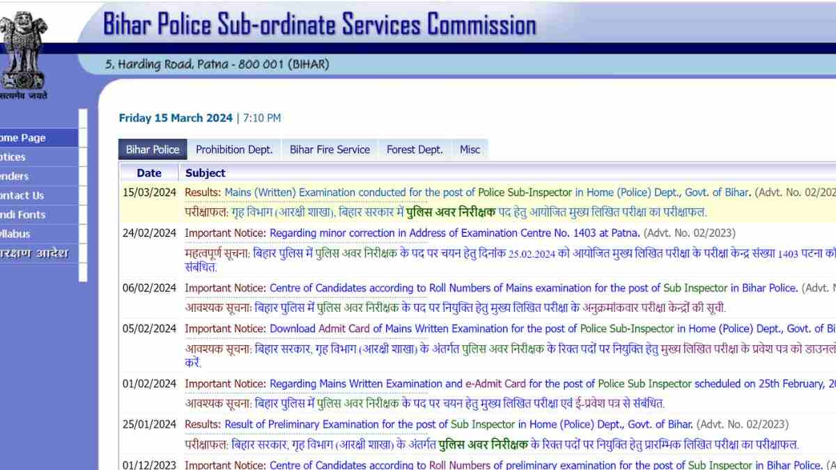 Bihar SI Mains Result 2024 OUT: बिहार एसआई मुख्य परीक्षा का परिणाम जारी, यहाँ देखें पीडीएफ