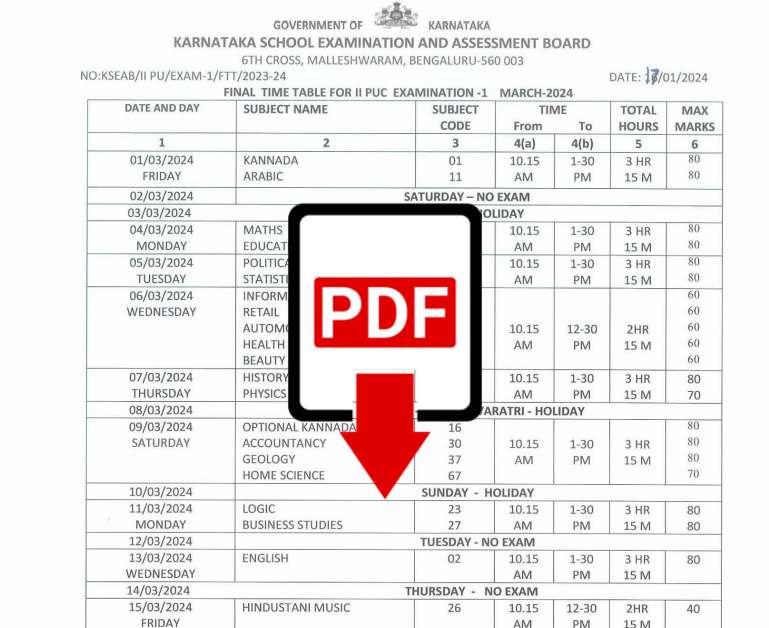 Karnataka 2nd PUC Exam Date Sheet 2024 Revised! Download Karnataka PUC