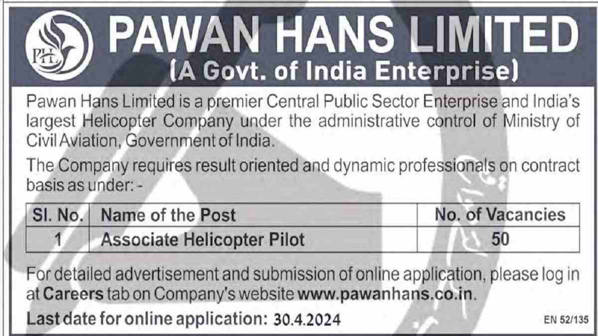 Pawan Hans Recruitment 2024: Associate Helicopter Pilot Posts, Check ...