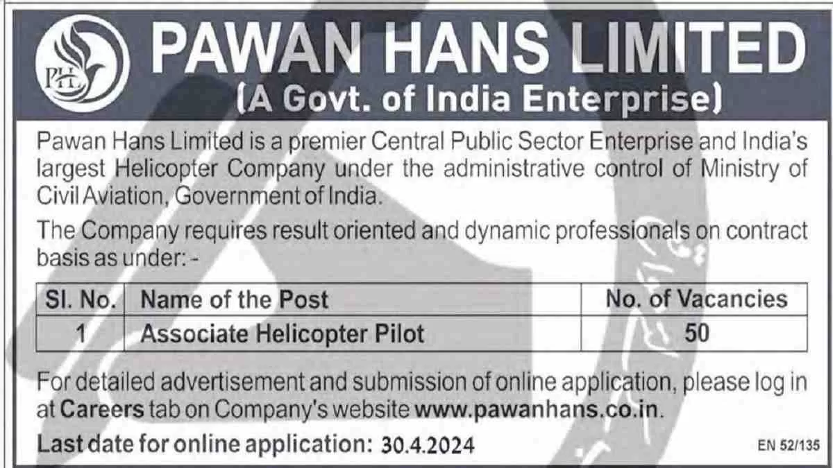 Get all details for Pawan Hans Recruitment 2024 here apply online