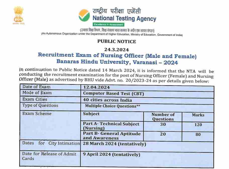 BHU Nursing Officer Exam Date 2024: NTA Released the Schedule, Pattern and Admit Card Update