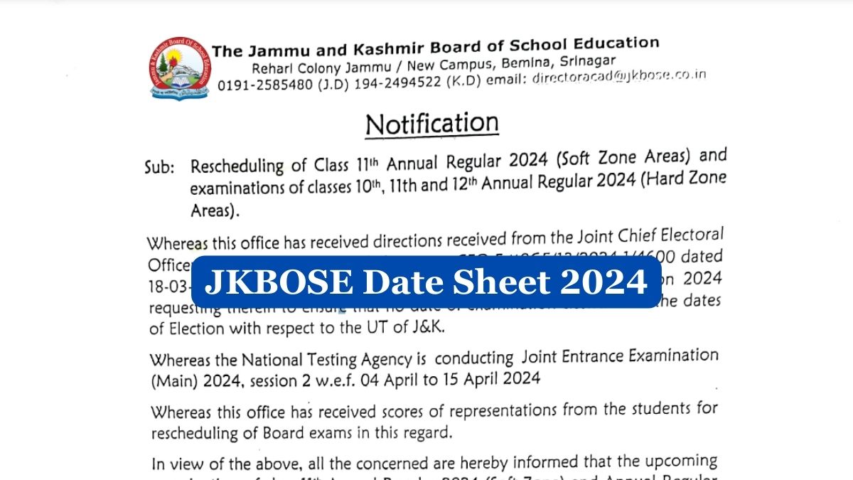 JKBOSE Date Sheet 2024: JK Board Class 10, 11, 12 Dates Revised Due to Elections, Check Schedule