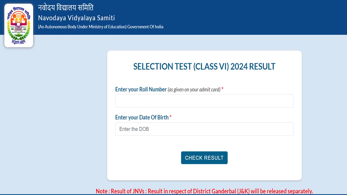 JNVST 2024 Result for Class 6, 9 Out
