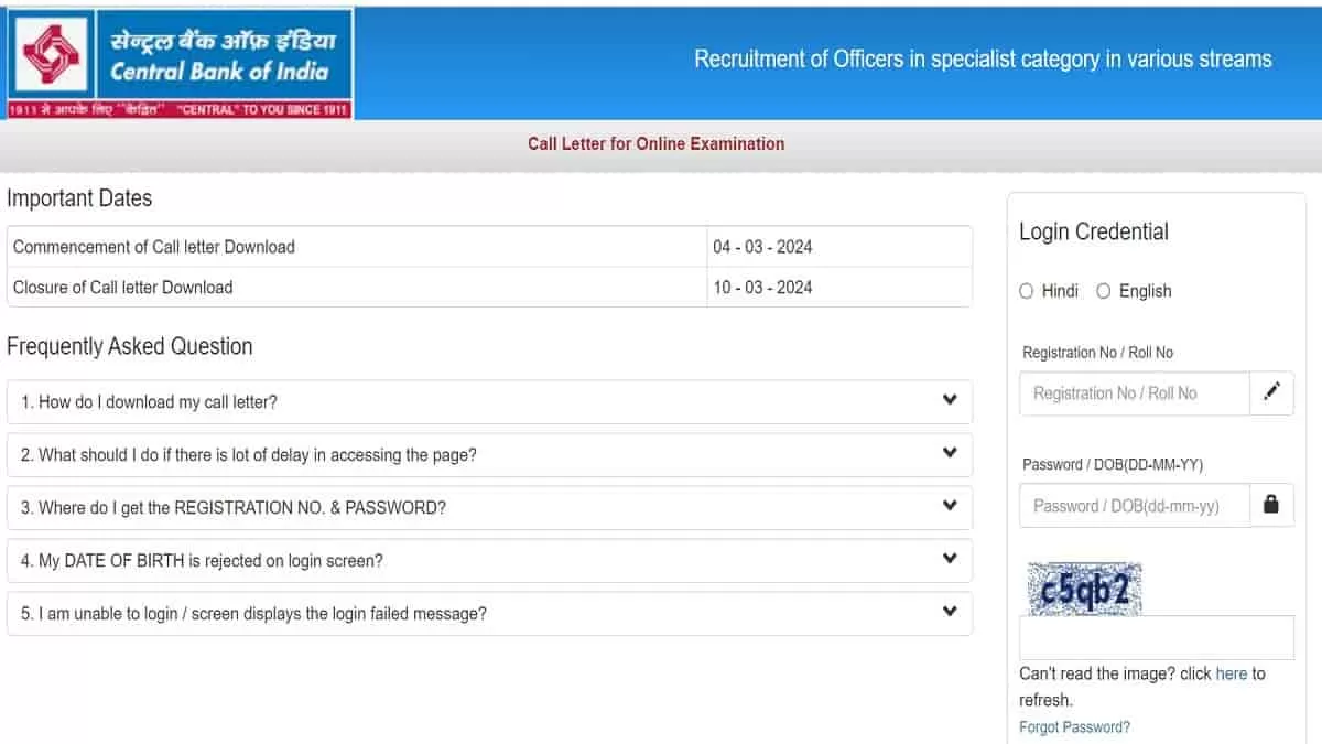 Central Bank of India SO Admit Card 2024 Released