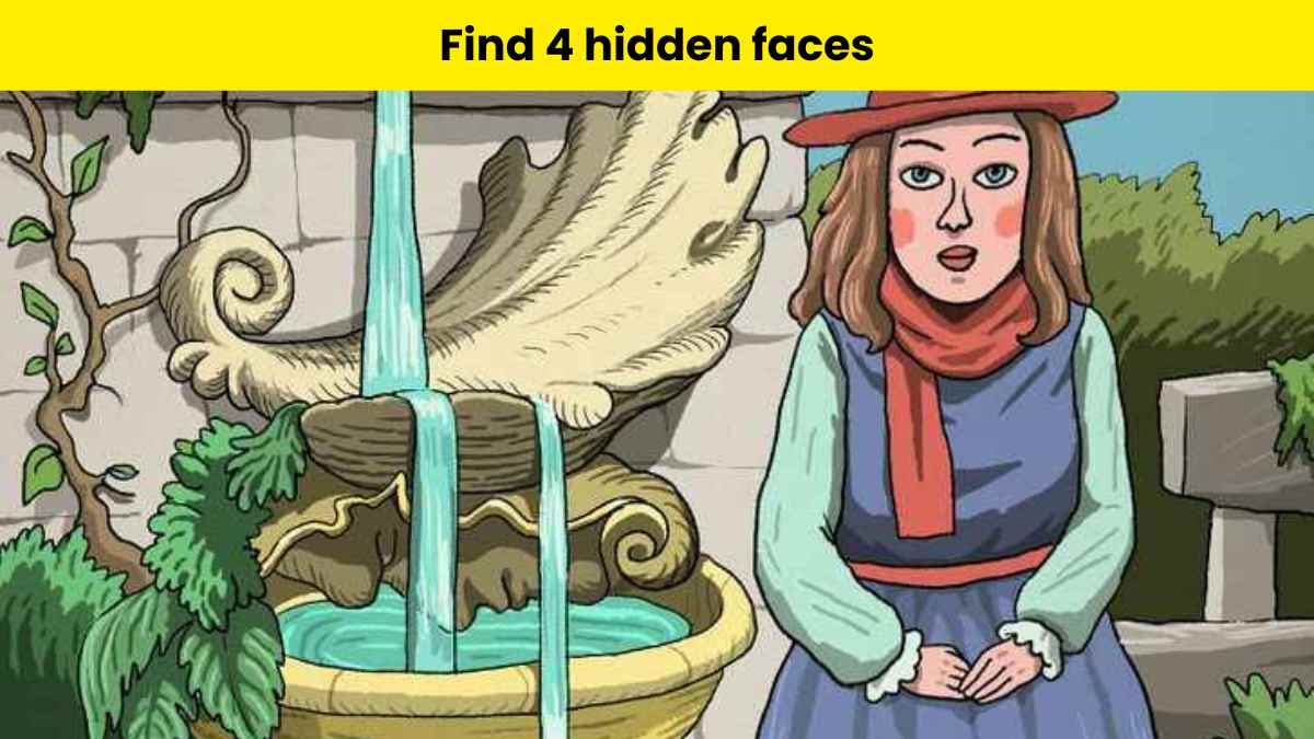 You have high brain power if you can find 4 hidden faces in the fountain picture within 8 seconds.