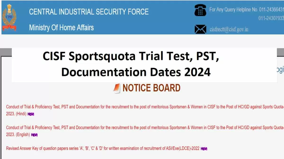 CISF Sportsquota Trial Test, PST and Documentation Dates 2024