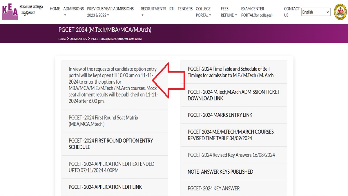 Karnataka PGCET 2024 mock allotment option entry