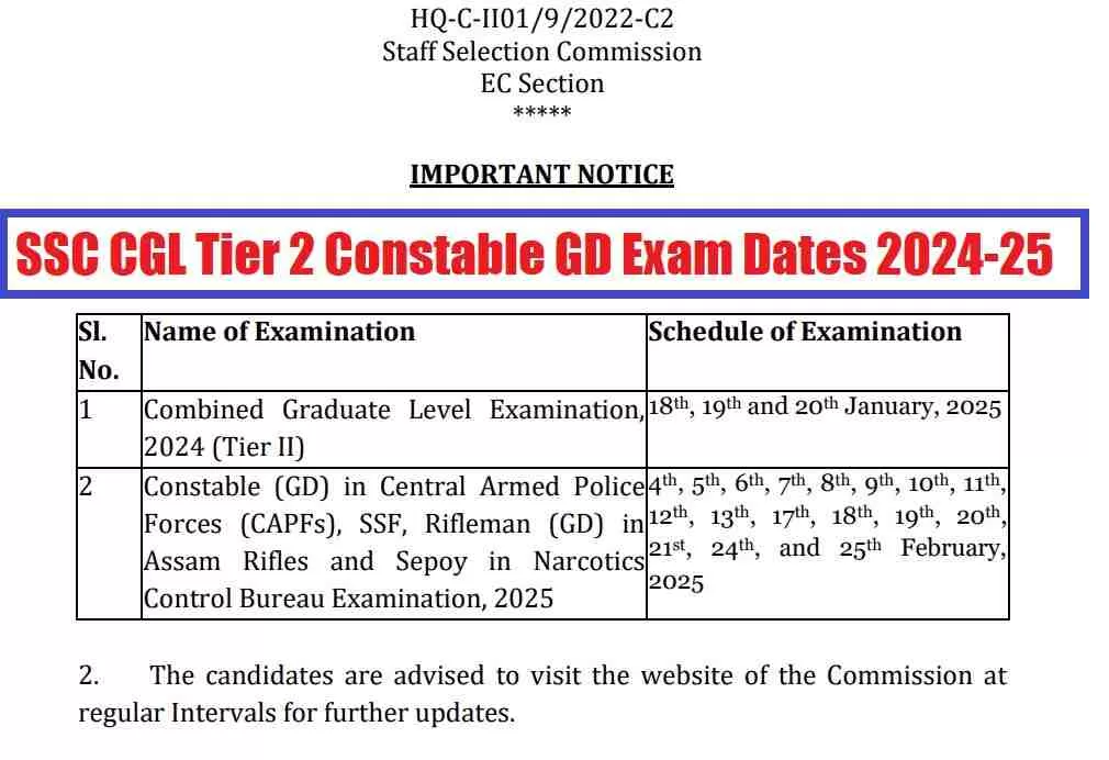 Get the direct link to SSC CGL Tier 2 Constable GD Exam Dates 2024-25 here.