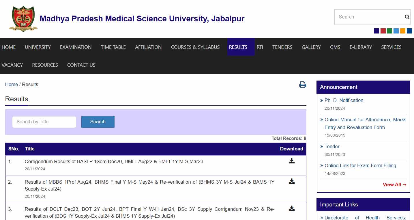 Madhya Pradesh Medical Science University Result 2024 OUT: डाउनलोड करें UG, PG परीक्षा सेमेस्टर Marksheet