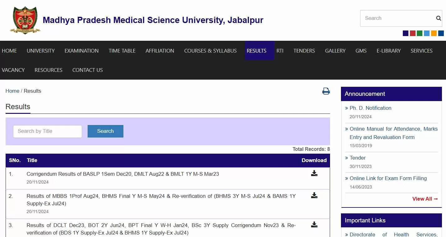 Madhya Pradesh Medical Science University Result 2024 OUT