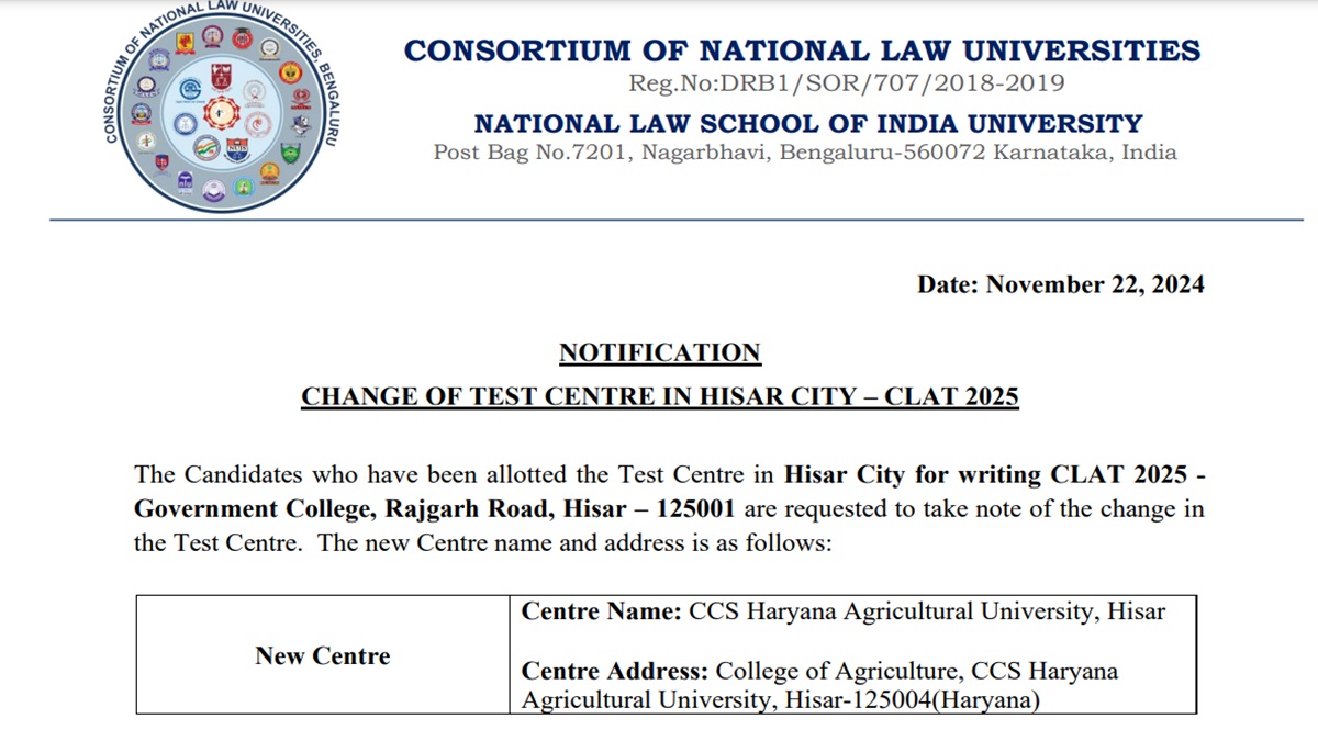 CLAT 2025 Exam Centre Changed