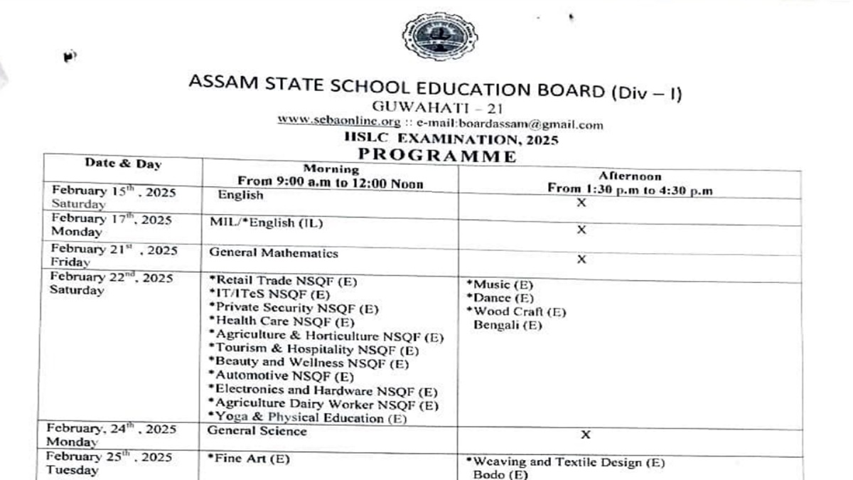 Assam 10th Date Sheet 2024 Released, Download Time Table PDF at sebaonline.org