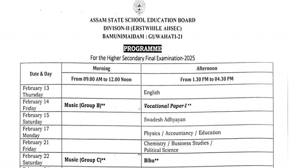 Assam Board HS 2025 Date Sheet Out