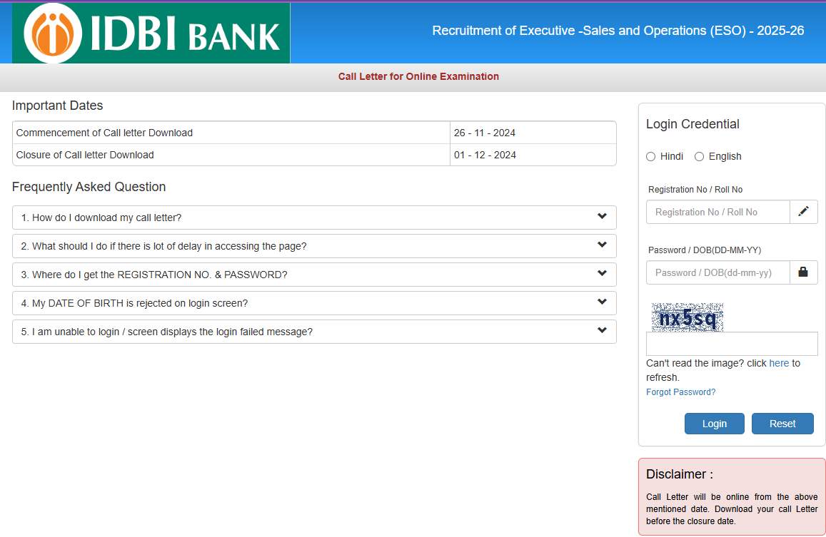 IDBI ESO Admit Card 2024 OUT: इस Direct Link से डाउनलोड करें आईडीबीआई एग्जीक्यूटिव कॉल लेटर