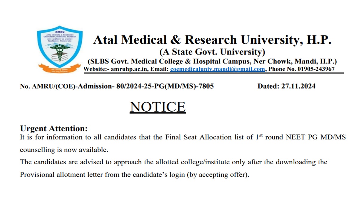 HP NEET PG Counselling 2024 Round 1 Seat Allotment Out