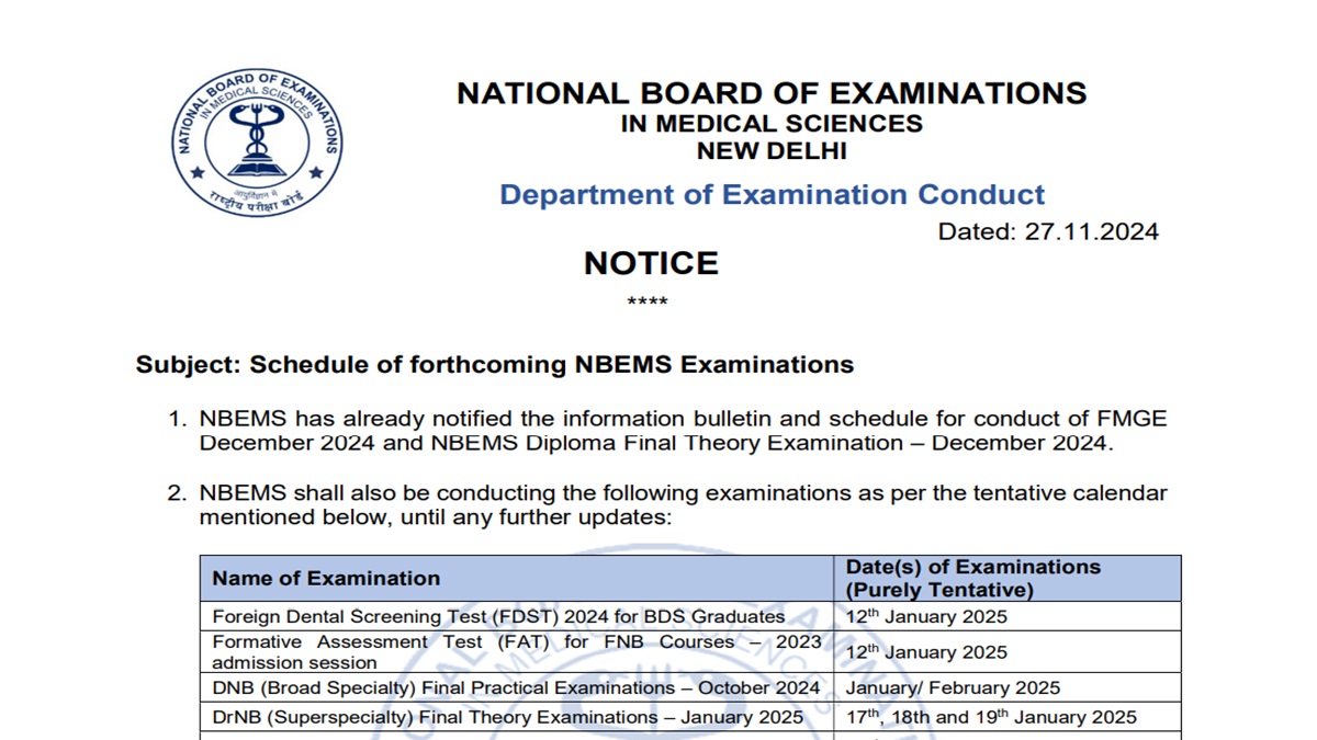 NBEMS Exam Calendar 2025 OUT at natboard.edu.in, Get Direct Link Here