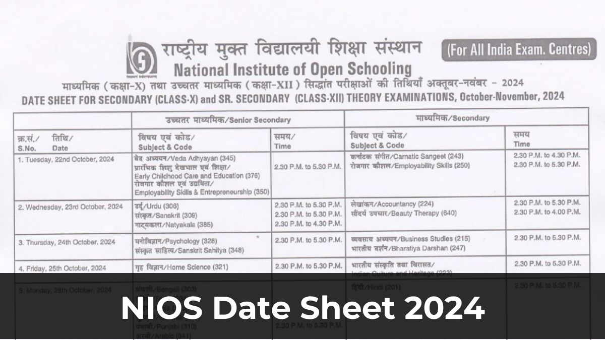 Nios Date Sheet 2024 Class 10 12 Released For October Session