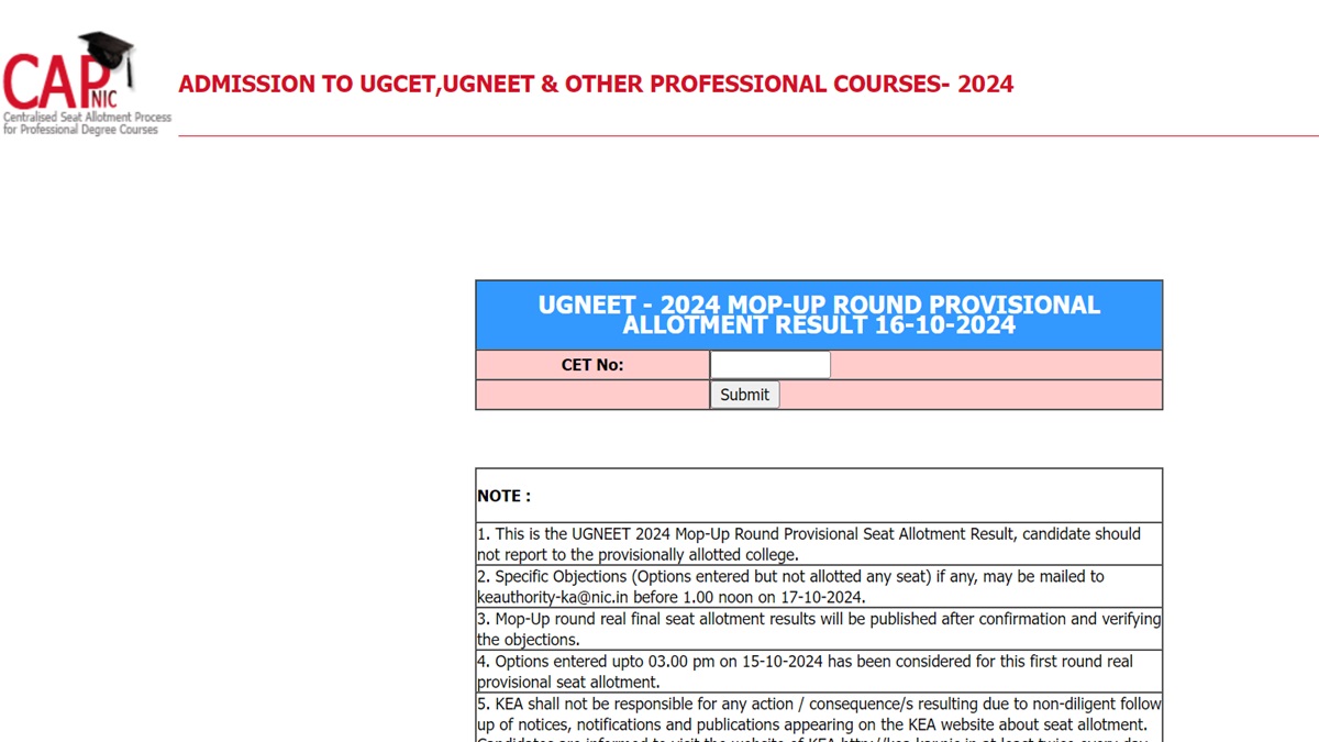 Karnataka NEET UG 2024 Mop-up Round Allotment Result Out