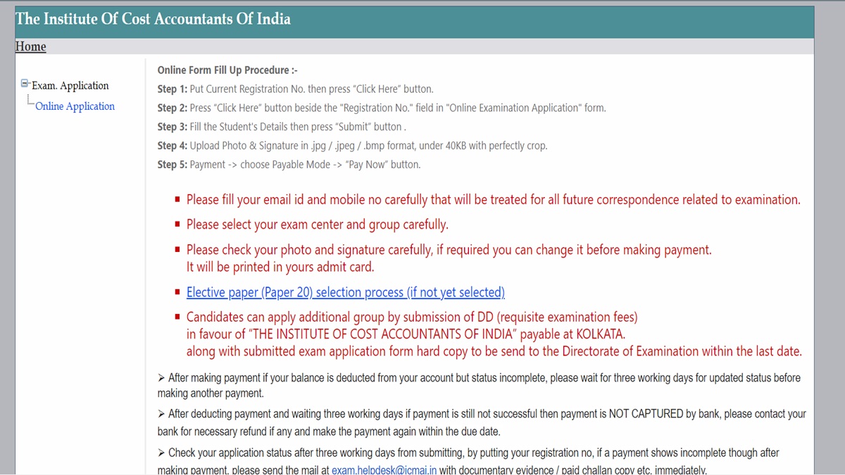 ICMAI CMA December 2024 Exam Centre, Application Correction Window