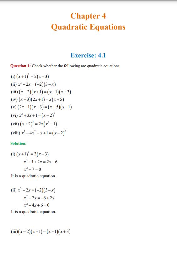 NCERT Solutions for Class 10 Maths Chapter 4 Quadratic Equations ...