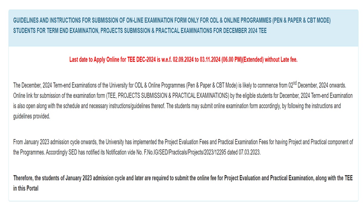 IGNOU December TEE 2024 Application Deadline Extended to November 3