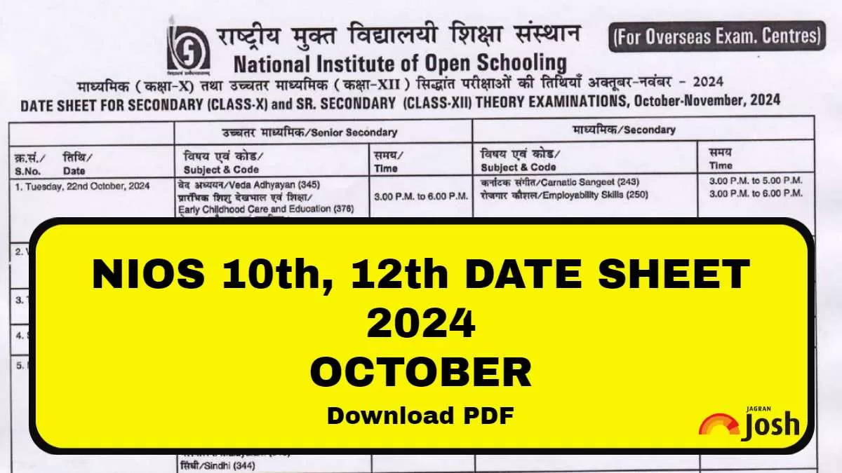 Get here NIOS 10th, 12th Date Sheet 2024 October PDF Download.