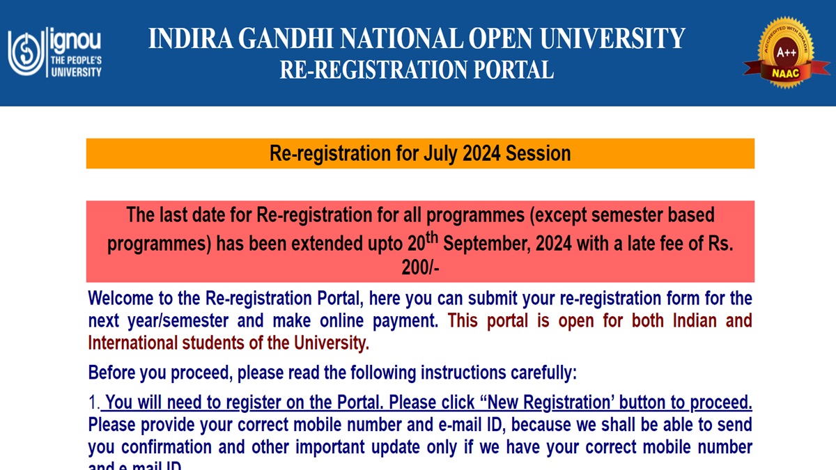 IGNOU July 2024 Re-registration Window Extended to September 20