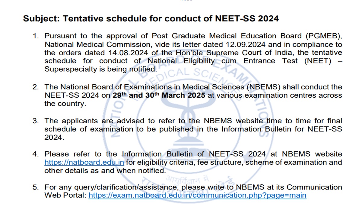 NEET SS 2024 Tentative Schedule