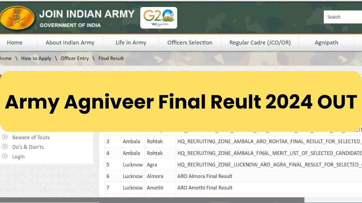 Army Agniveer Final Reult 2024 OUT: joinindianarmy.nic.in पर जारी हुआ अग्निवीर का रिजल्ट, यहाँ से डाउनलोड करें PDF  