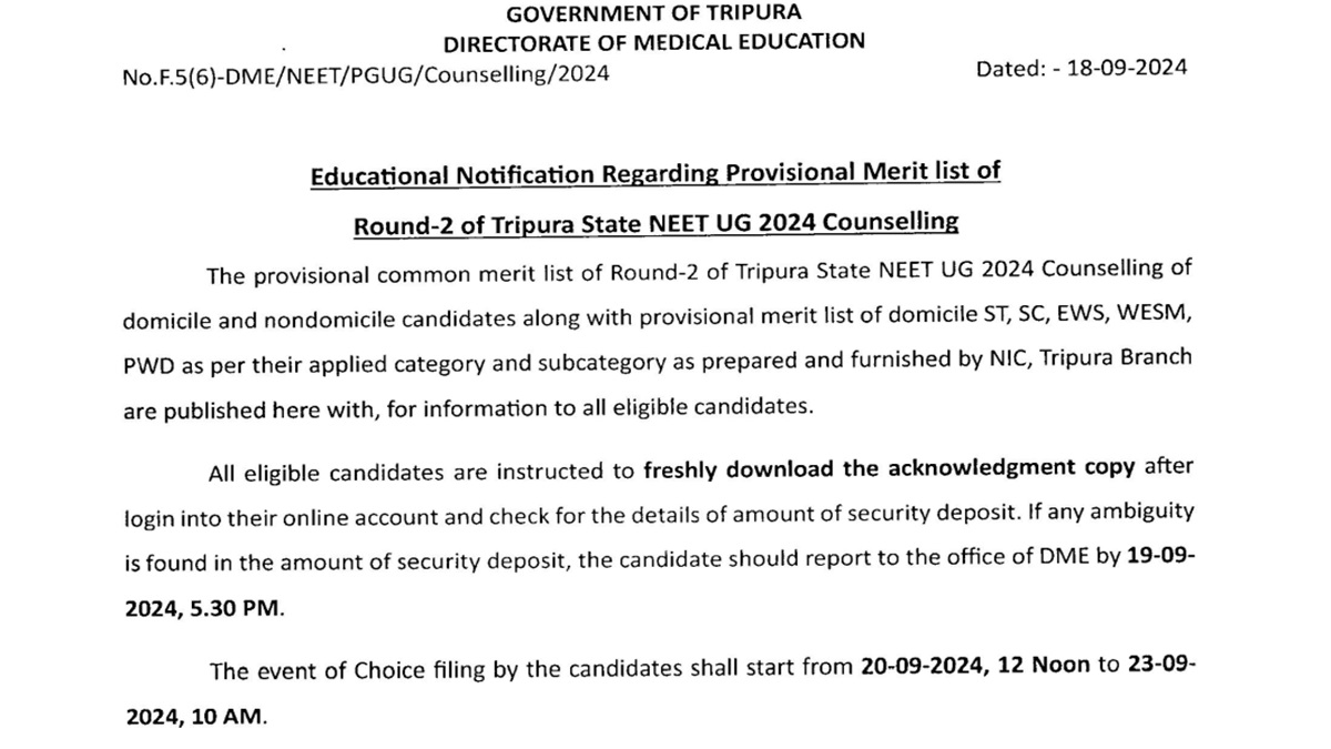 Tripura NEET UG Round 2 Provisional Allotment Result
