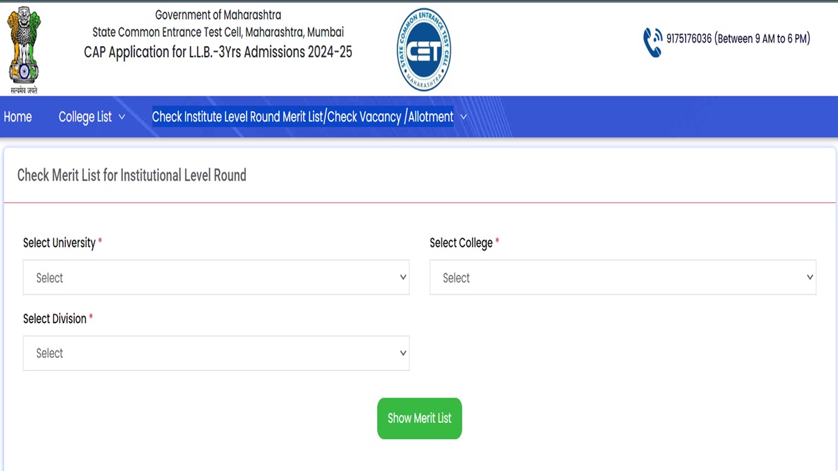 MH CET Law 3 Year LLB Institution Wise Merit List