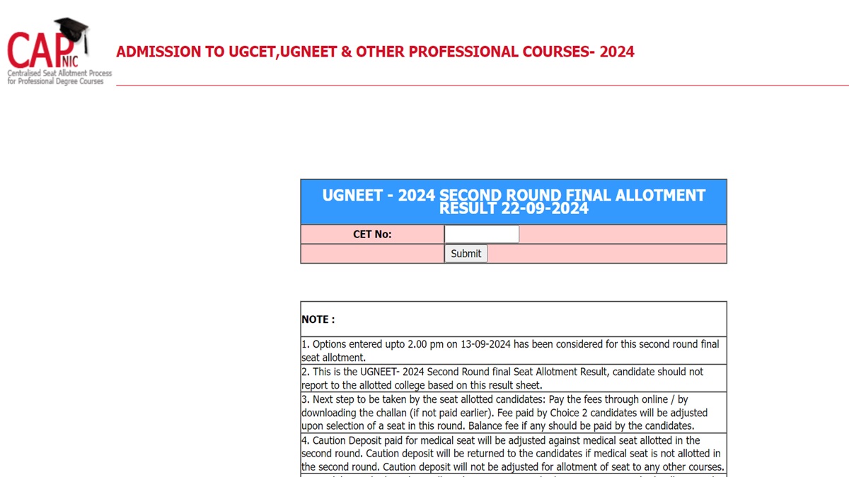 Karnataka UG NEET Round 2 Allotment Result 2024