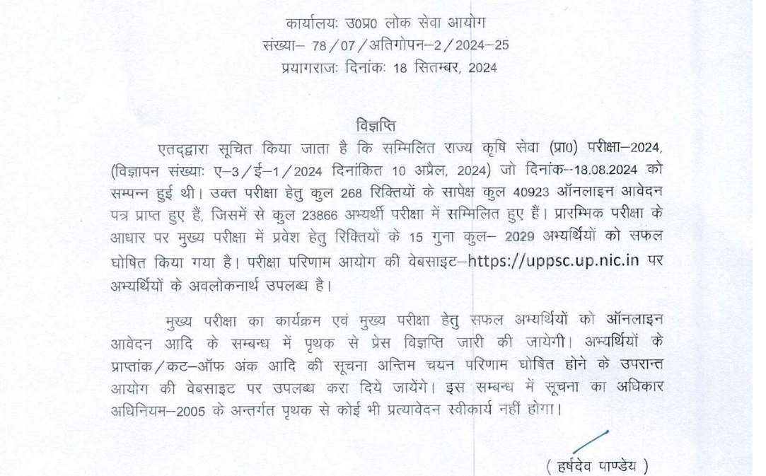 UPPSC Agriculture Services Prelims Result 2024 OUT: जारी हुआ यूपी कृषि सेवा प्रारंभिक परीक्षा रिजल्ट, ये रहा PDF