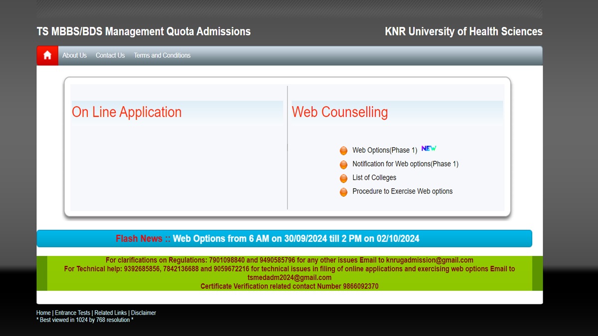Telangana NEET UG Counselling 2024 web options entry link active
