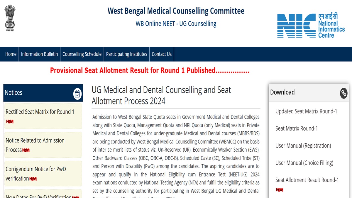 WB NEET UG Round 1 Counselling Allotment Result Published
