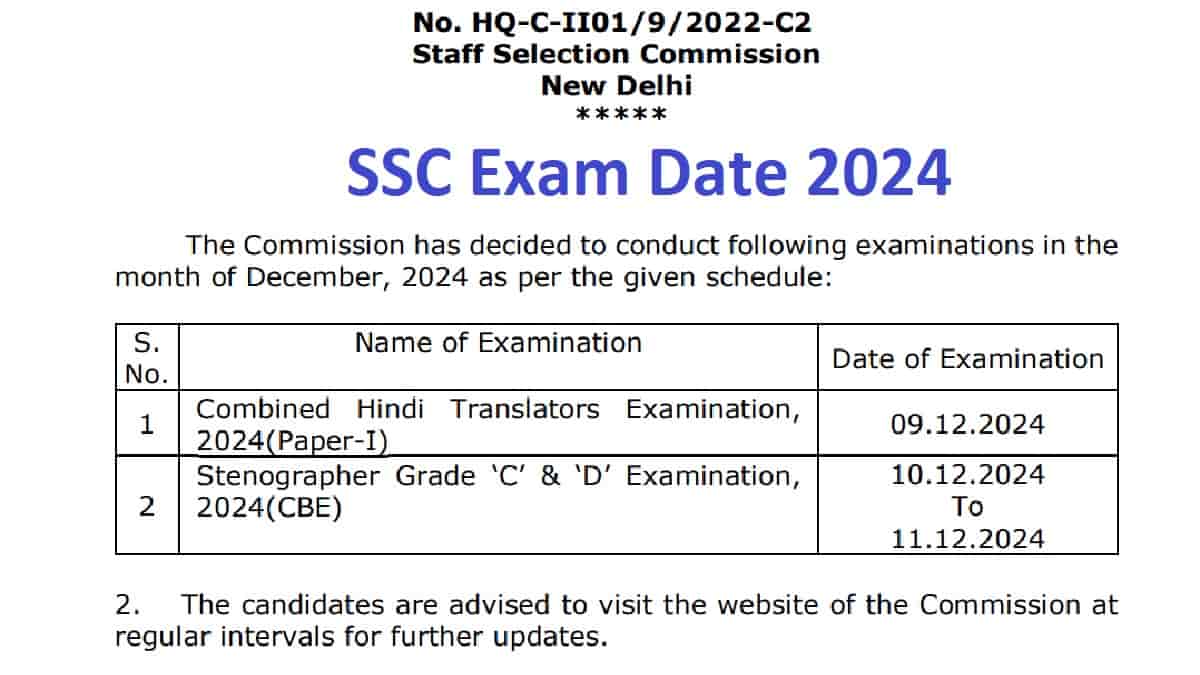 SSC Steno and Hindi Translator Exam Date 2024 OUT at ssc.gov.in: Check Here