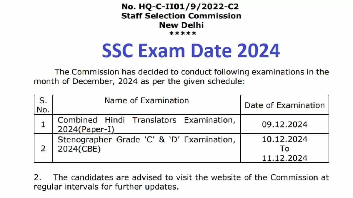 SSC Steno and Hindi Translator Exam Date 2024