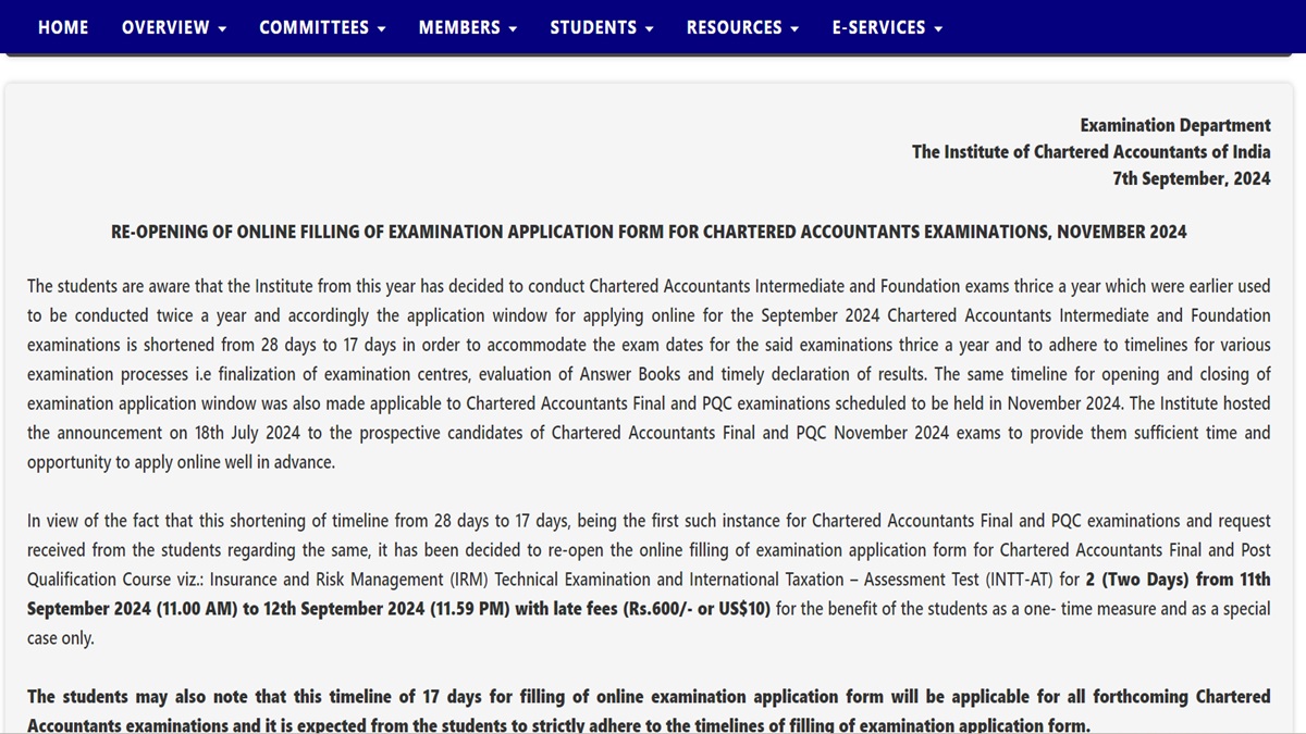 ICAI CA November 2024 Registration Window Reopen on September 11