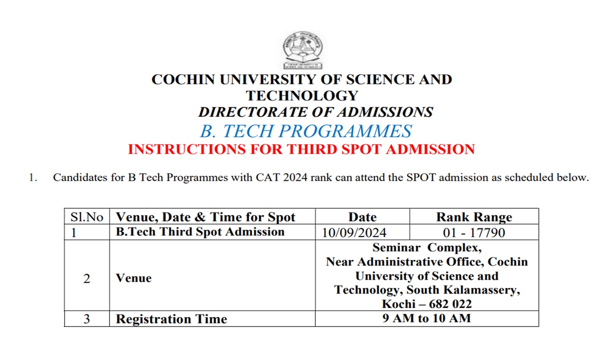 CUSAT CAT Spot Admission 2024 