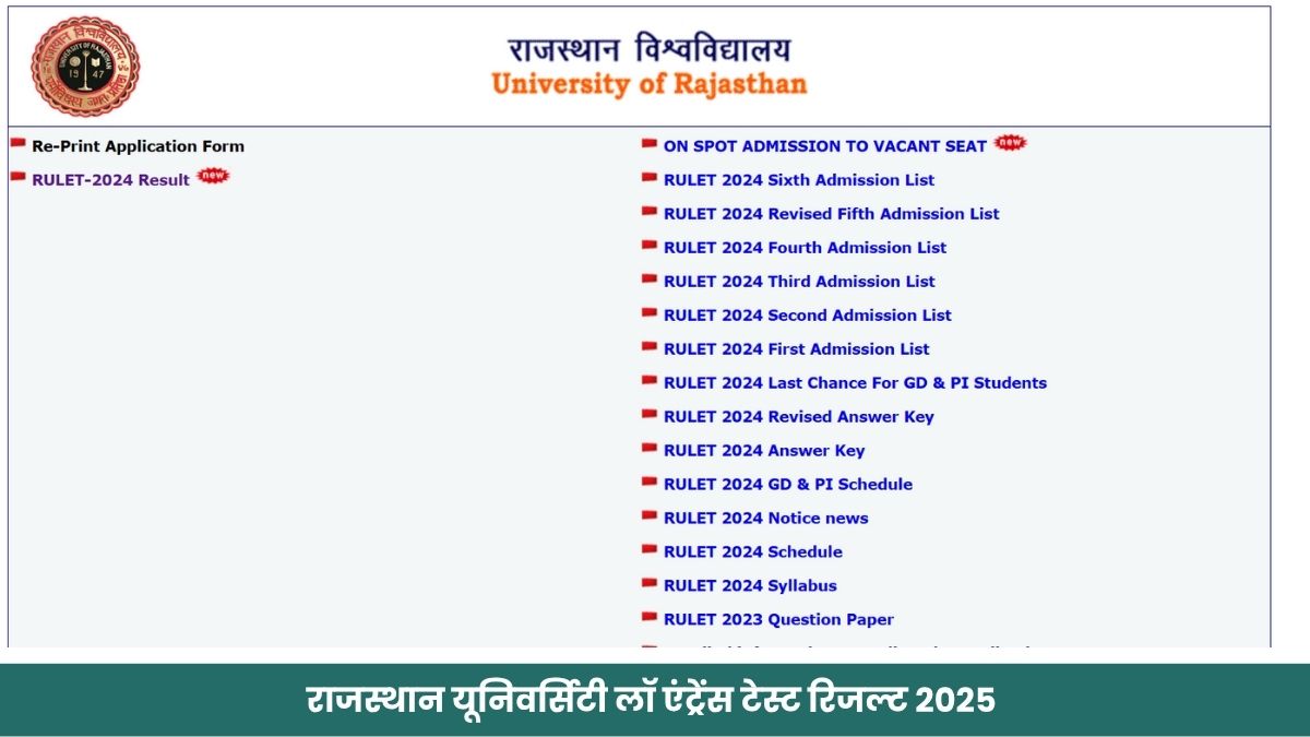 RULET Result 2025: Rajasthan University लॉ एंट्रेंस रिजल्ट Direct Link, admissions.univraj.org पर करें चेक
