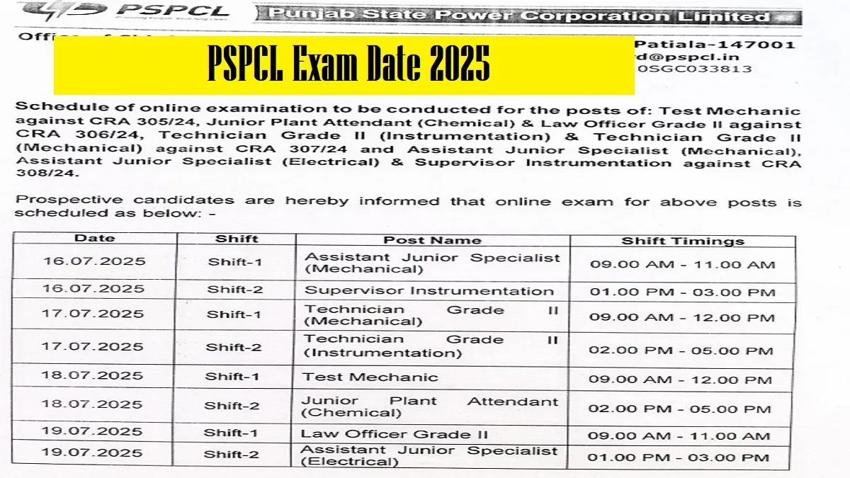 PSPCL Exam Date 2025 Out